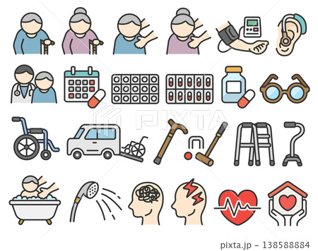 高齢者・介護・医療のアイコン（線画カラー）のイラストセット 138588884
