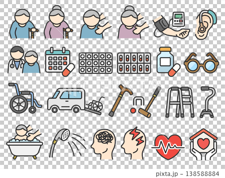 高齢者・介護・医療のアイコン（線画カラー）のイラストセット 138588884