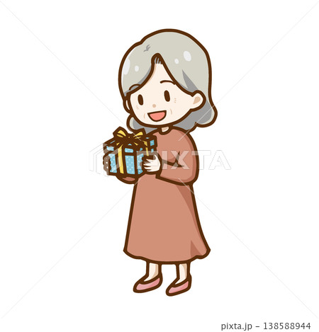 プレゼントをもらって喜ぶシニア女性ちびキャライラスト（敬老の日・母の日・誕生日）チラシ・ブログ向け 138588944