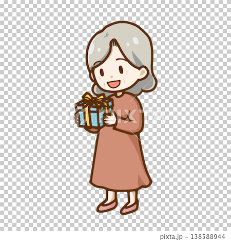 プレゼントをもらって喜ぶシニア女性ちびキャライラスト（敬老の日・母の日・誕生日）チラシ・ブログ向け 138588944