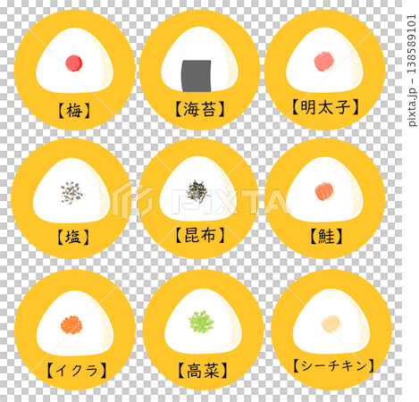 三角おにぎりのいろいろな具材のイラストセット 138589101