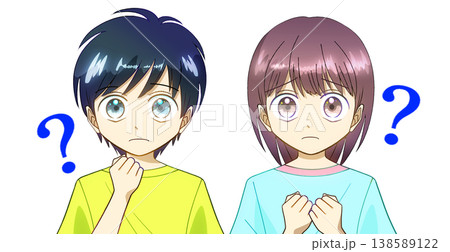 わからない、困っている、疑問に思っている男の子と女の子のアニメ風イラスト、白バック 138589122