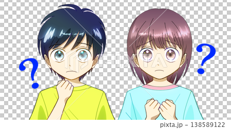 わからない、困っている、疑問に思っている男の子と女の子のアニメ風イラスト、白バック 138589122