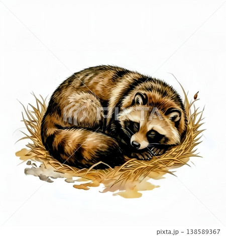 日本画風に描いた、丸まって眠るタヌキのイラスト 日本画風に描いた、丸まって眠るタヌキのイラスト 138589367