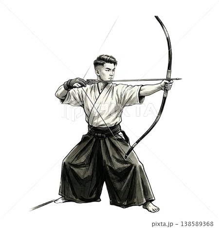 日本画で描いた、弓道で弓を引く男性のイラスト 138589368