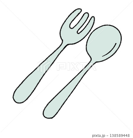 フォークとスプーンのイラスト　カトラリー　ミントグリーン　パステル　手書き風　白背景 138589448