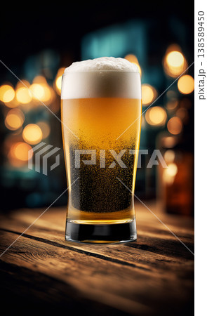 A frothy craft amber beer on wooden bar table in warm bokeh ambient pub setting background, concept of cozy relaxation pub mood 138589450