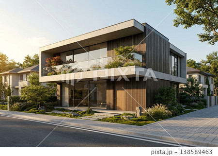 板張り外壁とガラス手すりが美しいスタイリッシュな戸建て住宅の外観パース｜建築パース 138589463