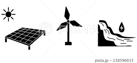 太陽光・風力・水力発電のモノクロアイコンセット　再生可能エネルギー 138590015