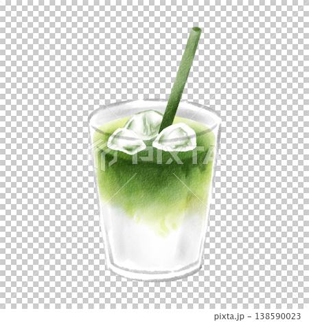 Matcha Latte (Iced), Hand-drawn, Watercolor Style 138590023