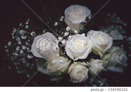 Moody elegant bouquet of white roses with soft shadows. 138590102