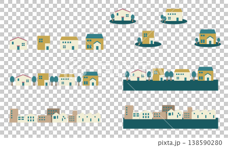一組色彩柔和的房屋和街景圖示插圖。 138590280