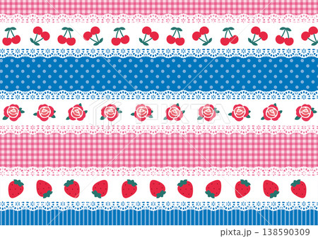 バラとチェリーとイチゴとチェックなどのかわいい模様 138590309