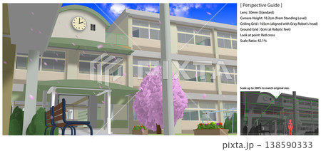 桜舞う学校の景色(アニメの背景画に便利なパースガイドデータ付きです。動画もあります) 桜舞う学校の景色(アニメの背景画に便利なパースガイドデータ付きです。動画もあります) 138590333