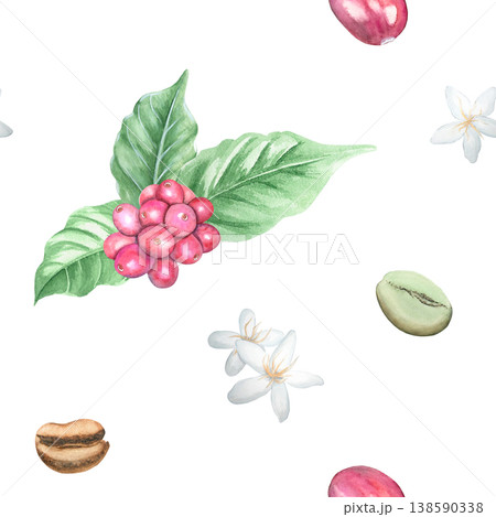 A seamless watercolor pattern of green and ripe roasted coffee beans, berries, and flowers. Natural Arabica beans from a coffee plantation are hand-painted. Isolates are ideal for printing and design. A seamless watercolor pattern of green and ripe roasted coffee beans, berries, and flowers. Natural Arabica beans from a coffee plantation are hand-painted. Isolates are ideal for printing and design. 138590338