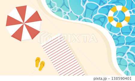 夏の海のイラスト 砂浜 ビーチパラソル うきわ 夏の海のイラスト 砂浜 ビーチパラソル うきわ 138590401
