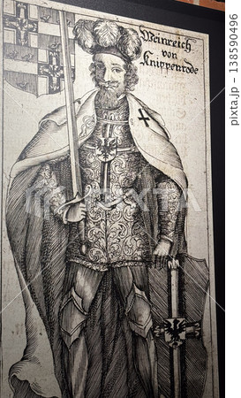 Historical engraving portrait of medieval knight Heinrich von Kniprode displayed in Malbork Castle museum in Poland. History, person and heritage concept 138590496