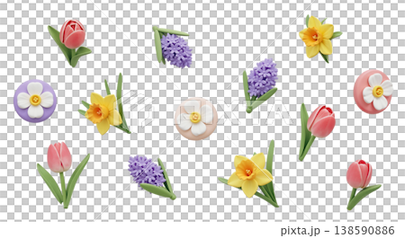 3D multi angle mixed spring flower icon asset sheet 138590886