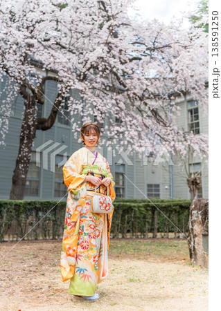 満開の桜と振袖,着物姿の二十歳の女性 138591250