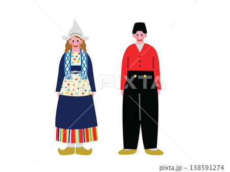 オランダの伝統的な民族衣装を着た男女のイラスト 138591274