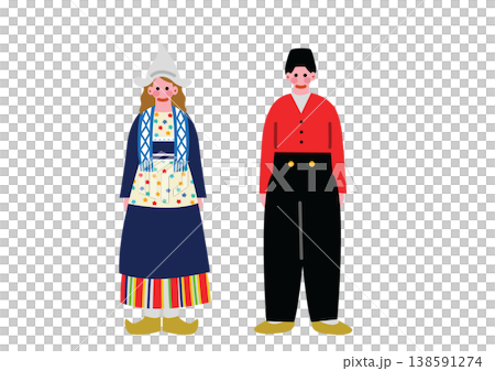オランダの伝統的な民族衣装を着た男女のイラスト 138591274