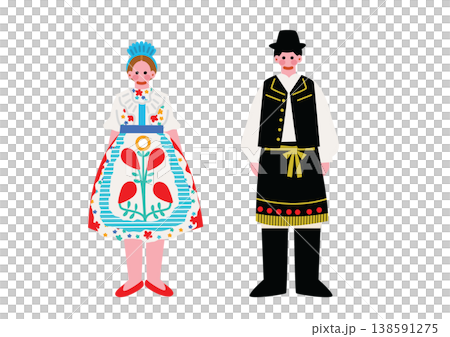 ハンガリーの伝統的な民族衣装を着た男女のイラスト 138591275
