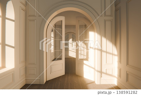 Sunlit Empty Classical Interior Room Solitude Minimal Background, 3D Render 138591282