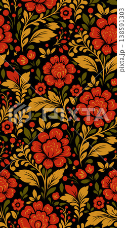 Vector decorative floral pattern. Tracery blossom texture. Slavic ornament with red flowers on a black background Vector decorative floral pattern. Tracery blossom texture. Slavic ornament with red flowers on a black background 138591303