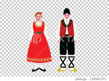 ブルガリアの伝統的な民族衣装を着た男女のイラスト 138591371
