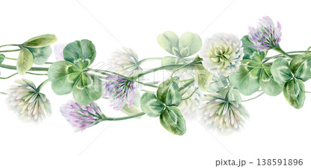 Seamless border of shamrocks with lilac and white flowers.Watercolor ilustration,symbolizing luck and new beginnings,for wedding invitations,bridal party decor,romantic celebrations Seamless border of shamrocks with lilac and white flowers.Watercolor ilustration,symbolizing luck and new beginnings,for wedding invitations,bridal party decor,romantic celebrations 138591896