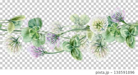 Seamless border of shamrocks with lilac and white flowers.Watercolor ilustration,symbolizing luck and new beginnings,for wedding invitations,bridal party decor,romantic celebrations Seamless border of shamrocks with lilac and white flowers.Watercolor ilustration,symbolizing luck and new beginnings,for wedding invitations,bridal party decor,romantic celebrations 138591896