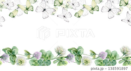 Seamless border of shamrocks and four leaves clover,lilac and white flowers,butterflies.Watercolor ilustration,symbolizing luck and new beginnings,for wedding,bridal party decor,romantic celebrations 138591897