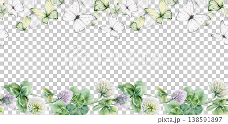 Seamless border of shamrocks and four leaves clover,lilac and white flowers,butterflies.Watercolor ilustration,symbolizing luck and new beginnings,for wedding,bridal party decor,romantic celebrations 138591897