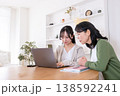 パソコンを見て不安な顔をする母と娘 138592241