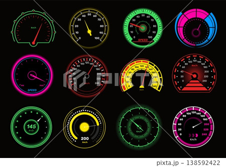 Auto speedometer. Glowing car tablo elements, dials with arrows, kilometer meters, gauge equipment, indicator scale, speed measurement on instrument panel interface qualitative vector set 138592422