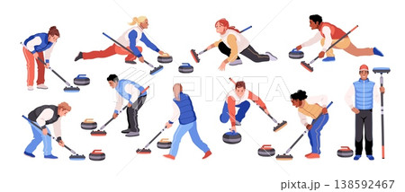 Curling players. Professional athletes, ice sheet, people pushing granite stones, sliding rocks, sweeping brooms, brushes, teamwork winter sport competition tidy vector cartoon isolated set Curling players. Professional athletes, ice sheet, people pushing granite stones, sliding rocks, sweeping brooms, brushes, teamwork winter sport competition tidy vector cartoon isolated set 138592467