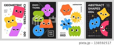 Funny geometric characters cards. Abstract simple shapes design, cute mascots with smiling faces, bright different forms, playful design templates, creative poster or print classy vector set Funny geometric characters cards. Abstract simple shapes design, cute mascots with smiling faces, bright different forms, playful design templates, creative poster or print classy vector set 138592517