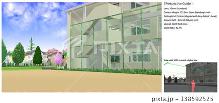 桜舞う学校の景色（アニメの背景画に便利なパースガイドデータ付きです） 138592525