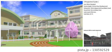 桜舞う学校の景色（アニメの背景画に便利なパースガイドデータ付きです） 138592529