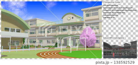 桜舞う学校の景色（アニメの背景画に便利なパースガイドデータ付きです） 138592529