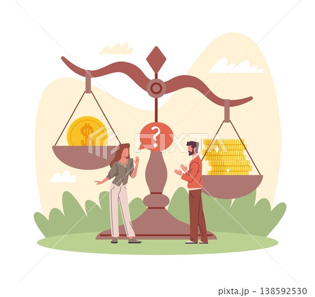 Gender discrimination. Sexism, gender roles and stereotypes at work, inequality, fairness issues in employment and salary, man and woman near pay scales vector cartoon isolated concept Gender discrimination. Sexism, gender roles and stereotypes at work, inequality, fairness issues in employment and salary, man and woman near pay scales vector cartoon isolated concept 138592530