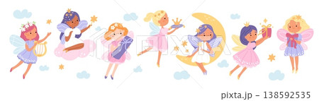 Magical fairies. Little girls characters, children with wings hold gifts, harp, crown, cute fairy costumes, fantasy princesses flying in clouds and stars, garish vector cartoon isolated set 138592535