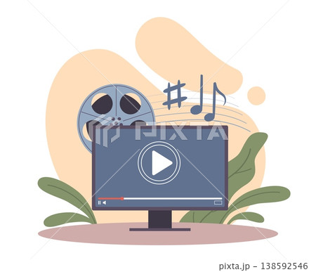 Music video. Track recording, digitization of images and sound, movie making, online media streaming, digital entertainment with multimedia music and film, vector cartoon isolated concept 138592546