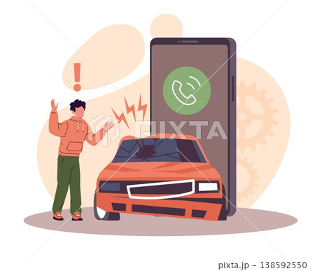 Online roadside assistance. Service for crash car repairs and towing, evacuation and transportation, roadside emergency communication, mobile call vector cartoon flat style isolated concept Online roadside assistance. Service for crash car repairs and towing, evacuation and transportation, roadside emergency communication, mobile call vector cartoon flat style isolated concept 138592550