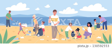 Parents with children collect beach garbage. Funny volunteers clean coastline of plastic and debris, trash sorting cleanup activity, environmental care, classy vector cartoon flat concept 138592553
