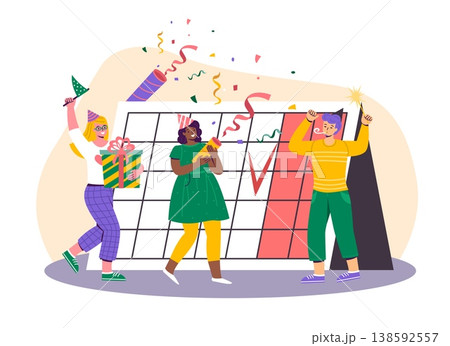People having fun. Happy employees celebrate event, holiday date, large desktop calendar, calendar event celebration, men and women with gift and confetti vector cartoon isolated concept People having fun. Happy employees celebrate event, holiday date, large desktop calendar, calendar event celebration, men and women with gift and confetti vector cartoon isolated concept 138592557