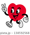 Retro cartoon heart character with V fingers. Funny heart red walking with peace and love sign, retro cartoon heart character mascot, sticker of 70s 80s vector illustration. 138592568