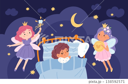 Tooth fairies with sleep child. Princesses with wings flying, golden coin and magic wand, kids myth, cartoon pretty girls bedtime, childhood fantasy garish vector cartoon isolated concept Tooth fairies with sleep child. Princesses with wings flying, golden coin and magic wand, kids myth, cartoon pretty girls bedtime, childhood fantasy garish vector cartoon isolated concept 138592571