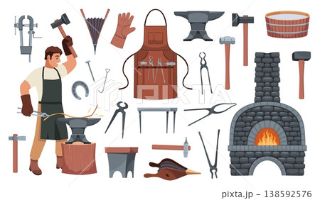 Blacksmith tools. Cartoon strong man in apron hits hammer on anvil, steel and metal products making, professional character craftsman with anvil, furnace, tongs and hammers, tidy vector set 138592576