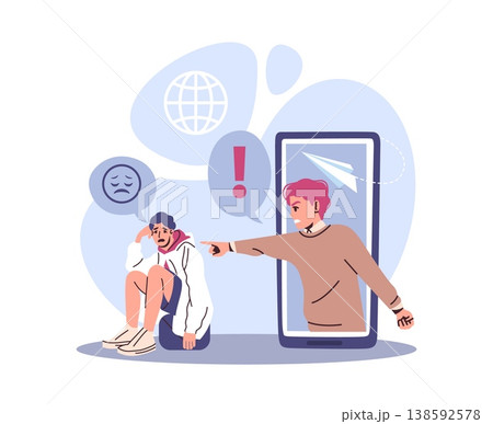 Bullying on social media. Online threats, stress reduction, virtual social communication, person harassing woman through smartphone, digital aggression, vector cartoon isolated concept 138592578